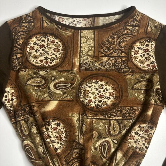 Vintage Y2K Brown Baroque Paisley Top M Indie Retro Long Sleeve Stretchy Boho - Picture 7 of 8